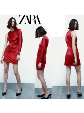 Zara red satin effect one sleeve asymetrical mini dress Sz XS